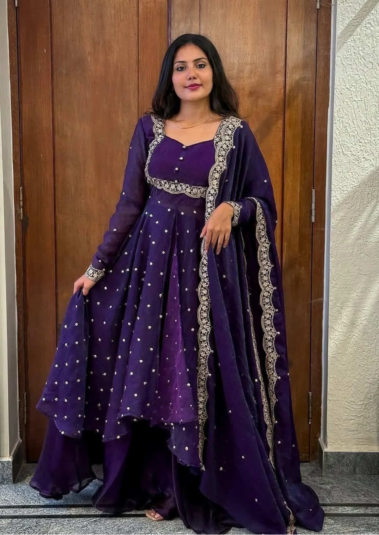 Royal Purple Silk Embroidered Cape Anarkali Suit Set