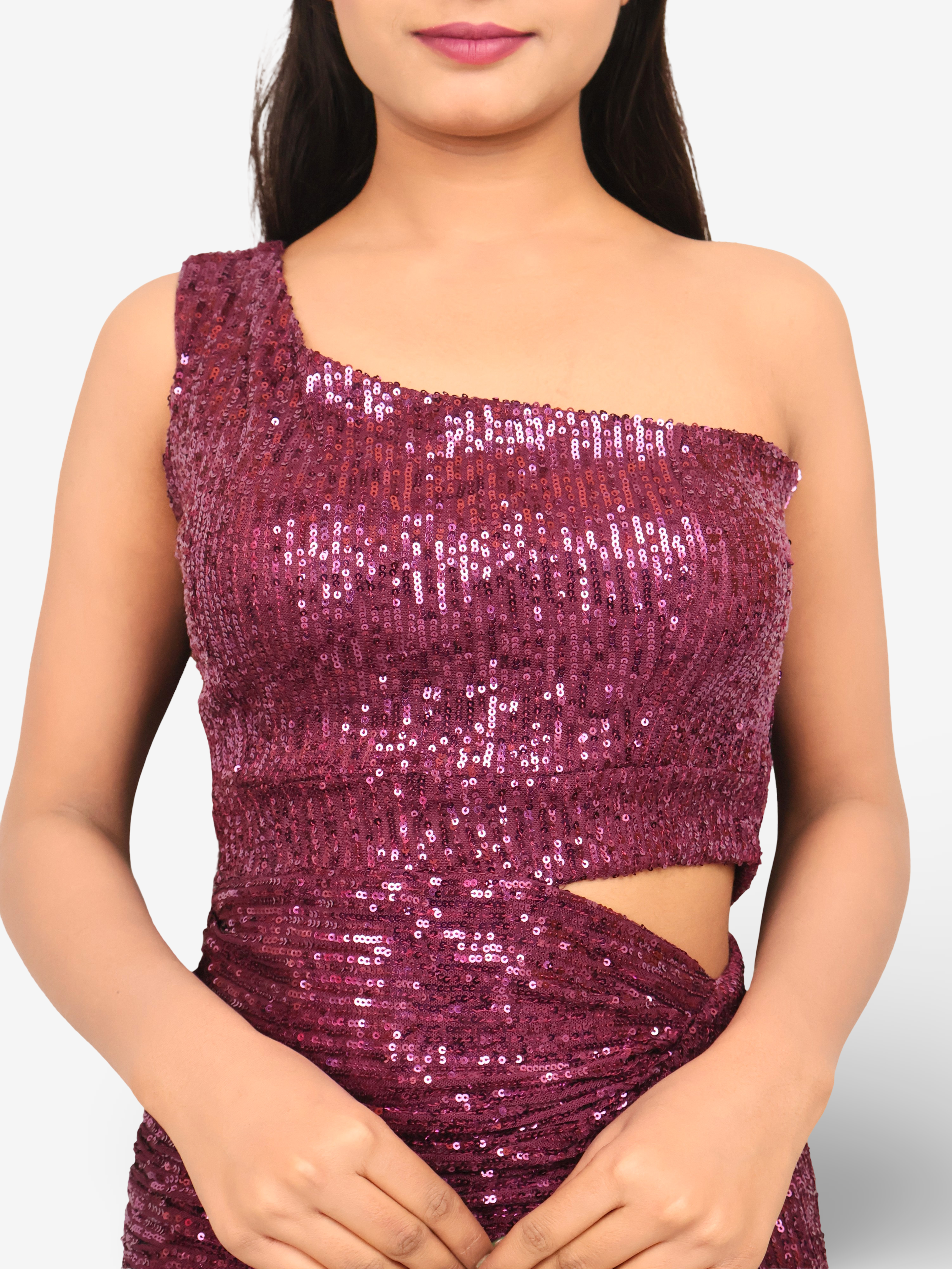 Wine Sequins One-Shoulder Maxi Party Dress by Shreekama