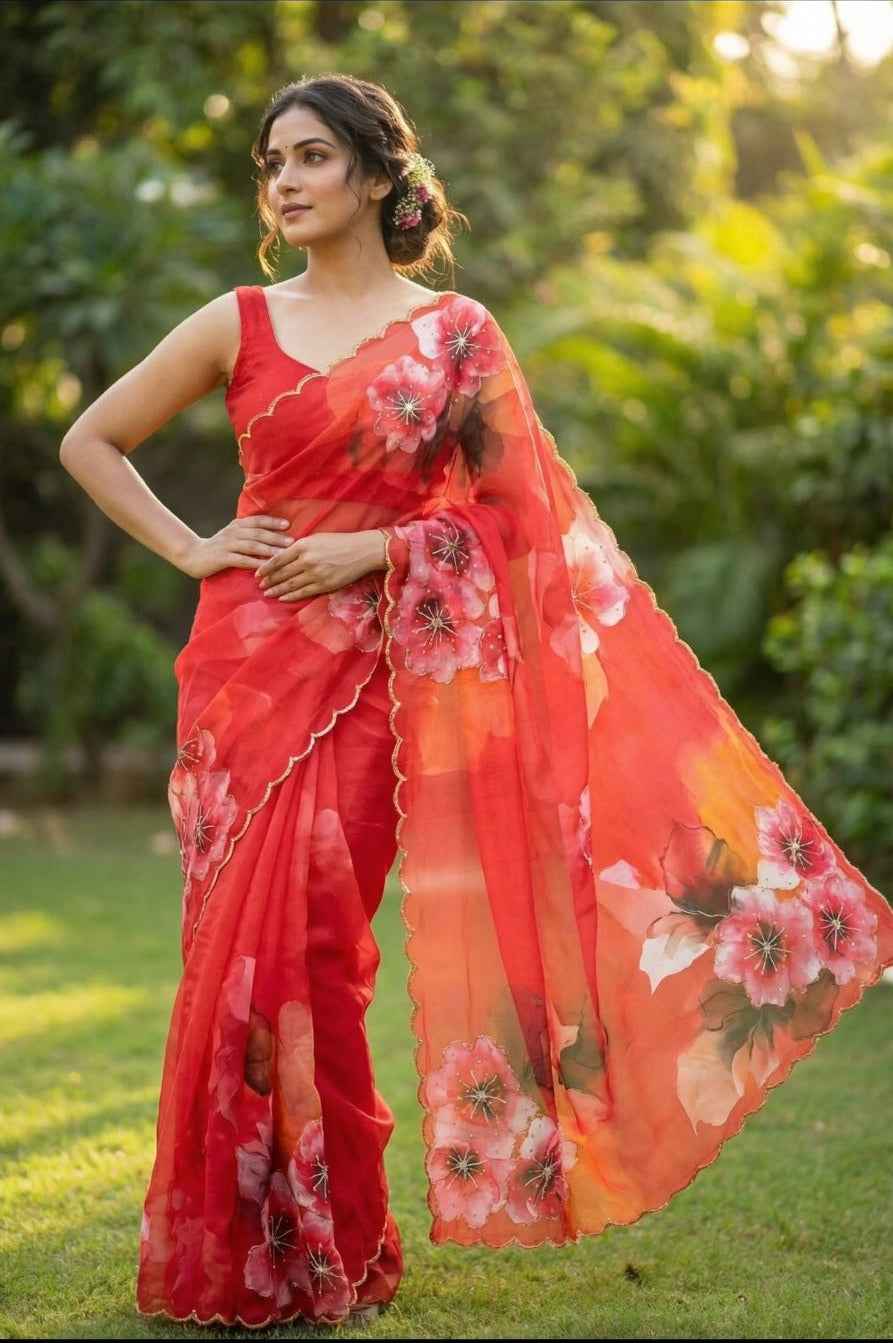 Red Chilli Floral Digital Print Royal Georgette Saree
